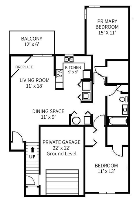 Floor plan for 2 beds, 1 bath, 1020 sqft